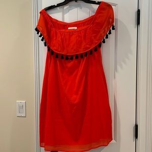 Sail to Sable Bright Red One-Shoulder Dress with Black Tassels